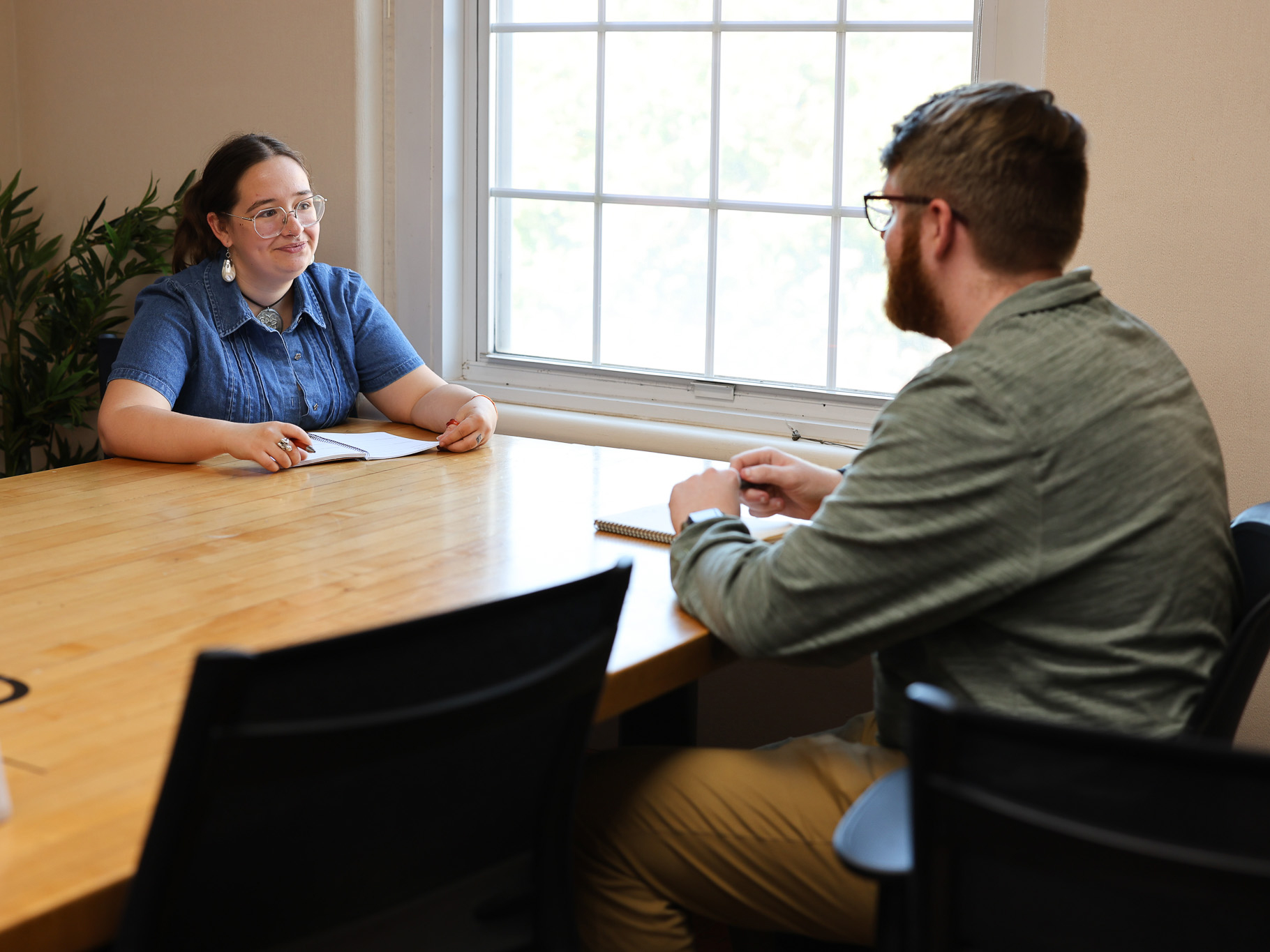 An informal interview between a male and female. 
